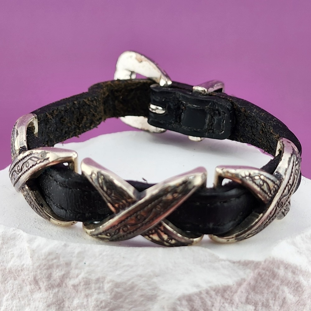 Black Leather Silver Tone Chain Link Bracelet Western Engraved Buckle Statement